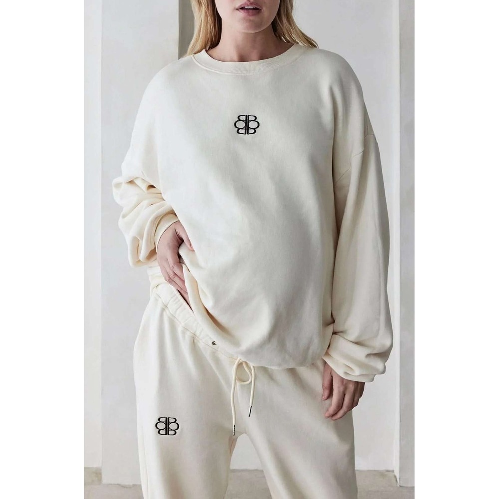 Bumpsuit Sweatshirt Women Large Cream Logo Embroidered Oversized Cotton Pullover